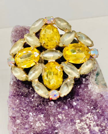 1960s Yellow AB and Grey Rhinestone Brooch Jewelry Bloomers and Frocks